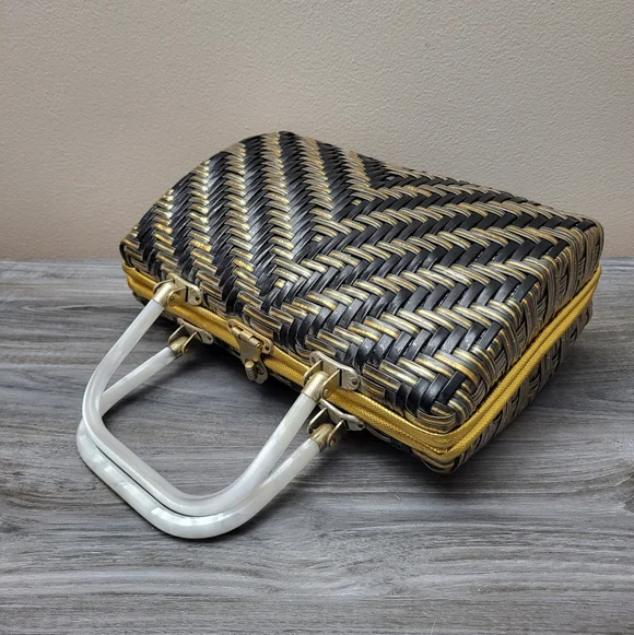 Vintage Stylecraft Black Gold Woven Plastic Handbag MCM - Picture 5 of 12